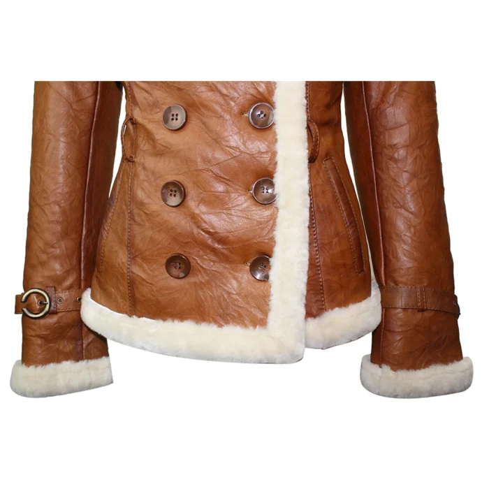 Ladies Women Real Shearling Sheepskin Aviator Tan Brown Leather Jacket - Image 3