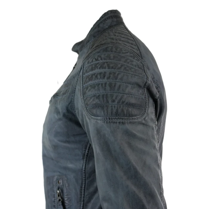 Mens Blue Grey Real Leather Designer Zipped Biker Jacket Washed Casual Vintage - Image 4