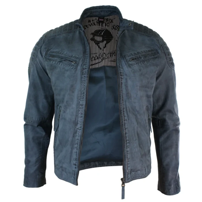 Mens Blue Grey Real Leather Designer Zipped Biker Jacket Washed Casual Vintage - Image 5