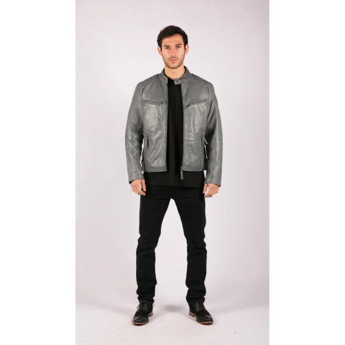 Mens Blue Grey Real Leather Designer Zipped Biker Jacket Washed Casual Vintage - Image 2