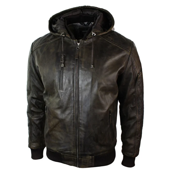 Mens Brown Washed Distressed Removable Hood Bomber Leather Jacket Quilted - Image 3
