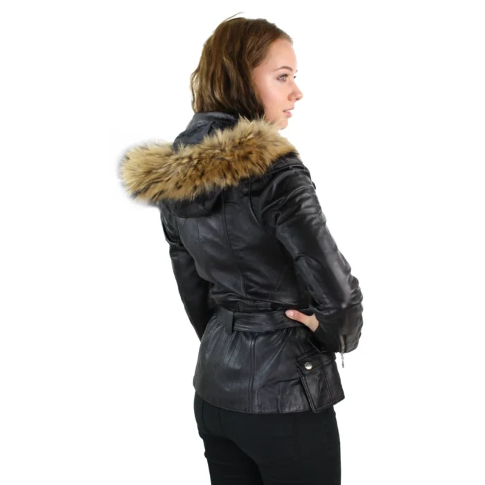 Ladies Tan Brown Hooded Parka Real Leather Jacket Winter Coat - Image 9