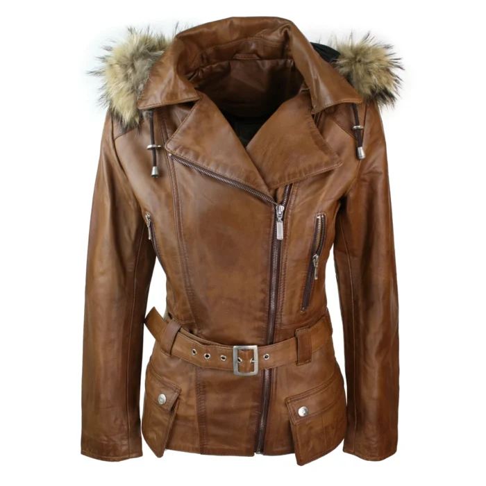 Ladies Tan Brown Hooded Parka Real Leather Jacket Winter Coat - Image 10