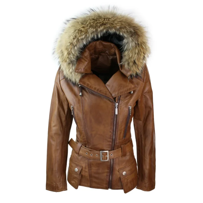 Ladies Tan Brown Hooded Parka Real Leather Jacket Winter Coat - Image 15
