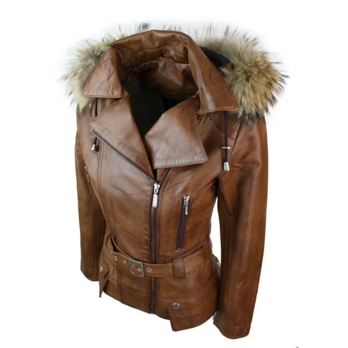 Ladies Tan Brown Hooded Parka Real Leather Jacket Winter Coat - Image 13