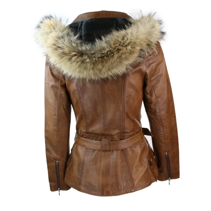 Ladies Tan Brown Hooded Parka Real Leather Jacket Winter Coat - Image 12
