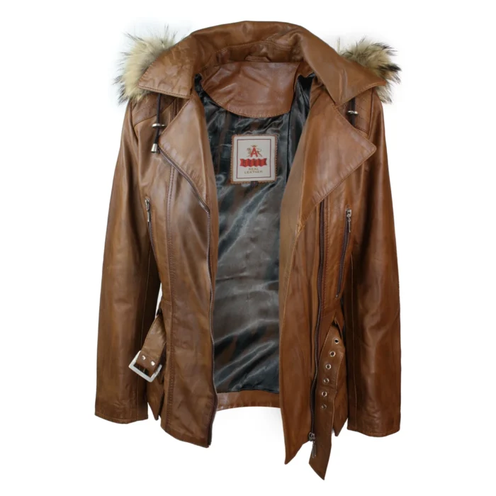 Ladies Tan Brown Hooded Parka Real Leather Jacket Winter Coat - Image 11