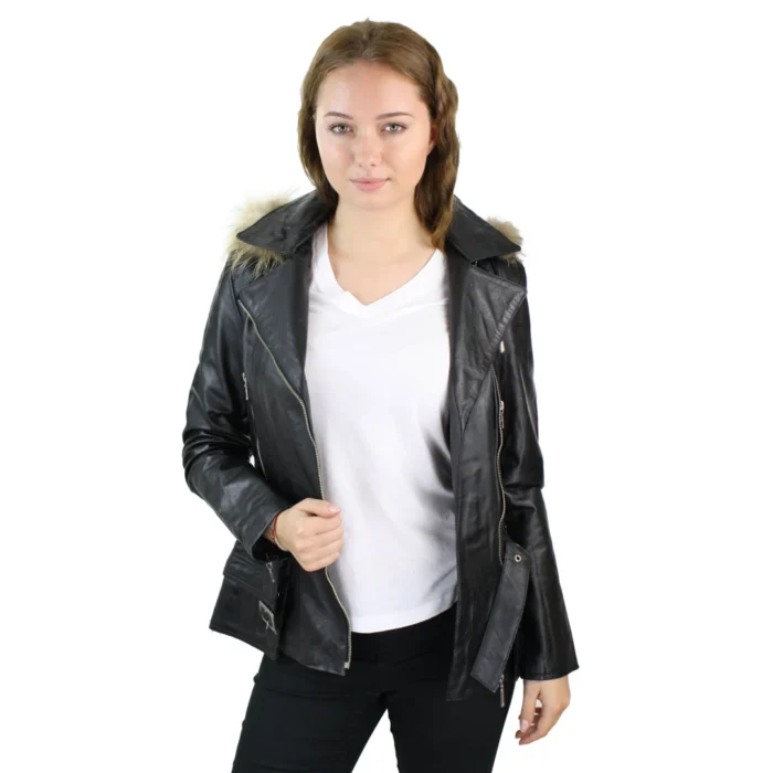 Ladies Tan Brown Hooded Parka Real Leather Jacket Winter Coat - Image 2