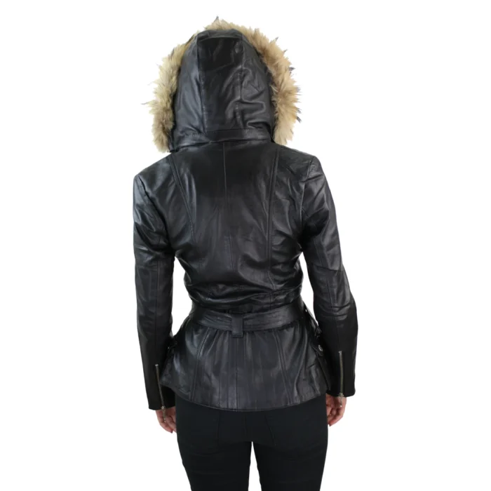Ladies Tan Brown Hooded Parka Real Leather Jacket Winter Coat - Image 6