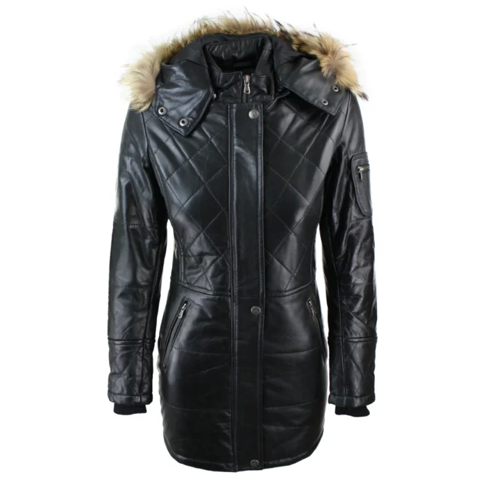 Ladies Black Real Fur Hooded Parka Real Leather Jacket Winter Coat - Image 1
