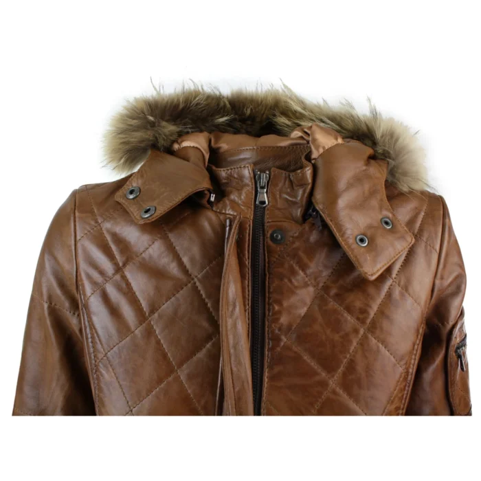 Ladies Black Real Fur Hooded Parka Real Leather Jacket Winter Coat - Image 11