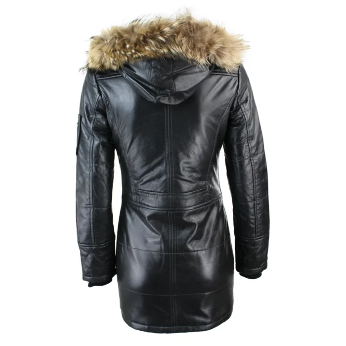Ladies Black Real Fur Hooded Parka Real Leather Jacket Winter Coat - Image 5