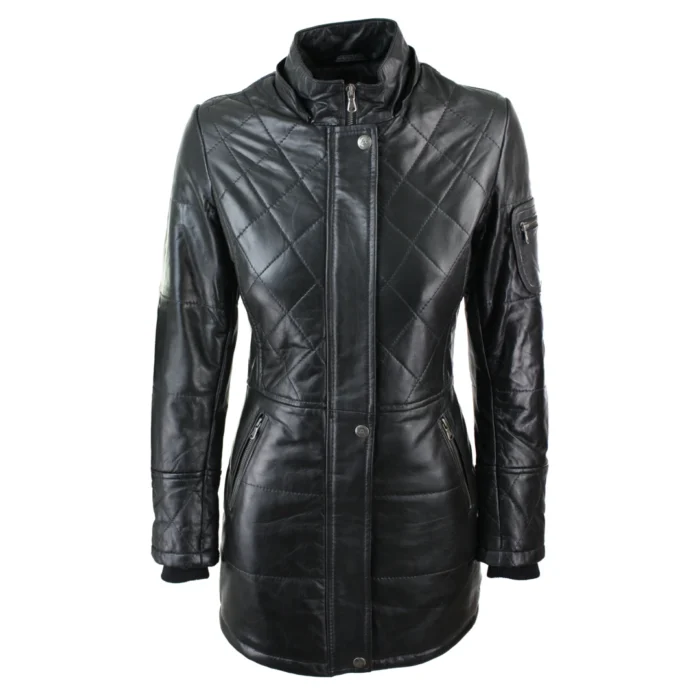 Ladies Black Real Fur Hooded Parka Real Leather Jacket Winter Coat - Image 7