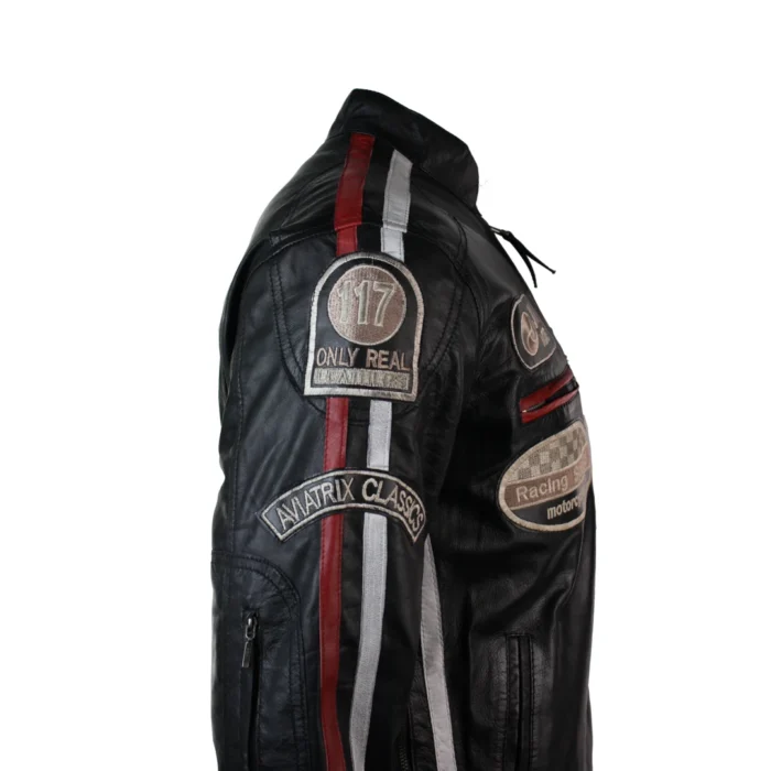 Mens Classic Retro Biker Racer Real Leather Jacket Black Zipped Casual Badge - Image 5