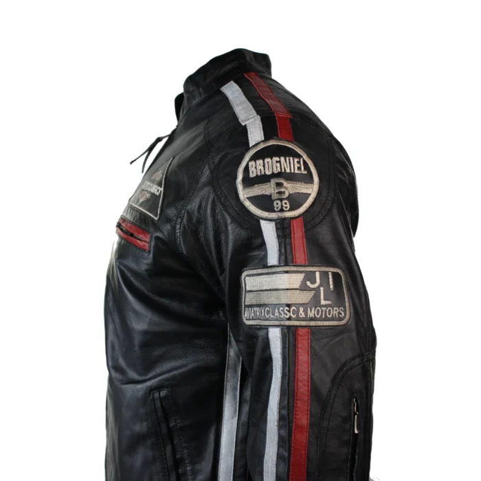 Mens Classic Retro Biker Racer Real Leather Jacket Black Zipped Casual Badge - Image 4