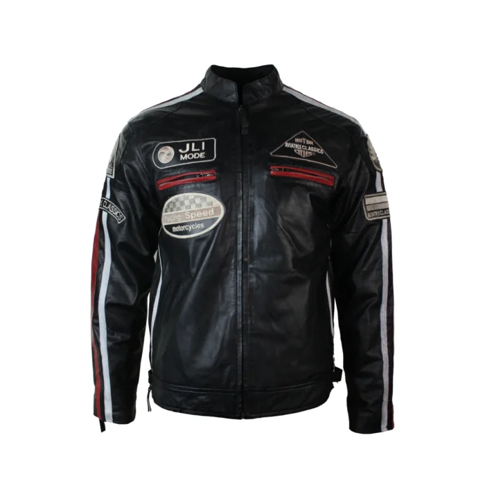 Mens Classic Retro Biker Racer Real Leather Jacket Black Zipped Casual Badge - Image 1