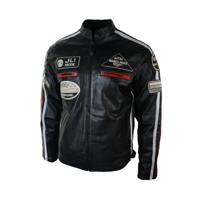 Mens Classic Retro Biker Racer Real Leather Jacket Black Zipped Casual Badge - Image 2
