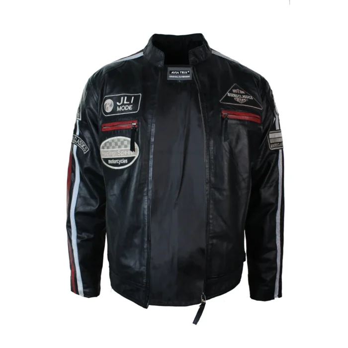 Mens Classic Retro Biker Racer Real Leather Jacket Black Zipped Casual Badge - Image 6