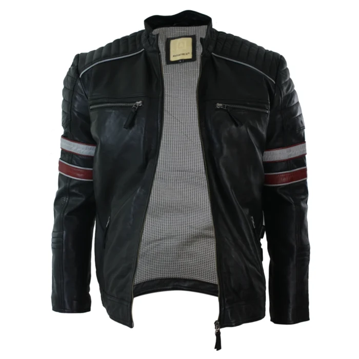Mens Black Racing Biker Jacket Red White Stripes Real Leather Casual Fit - Image 3