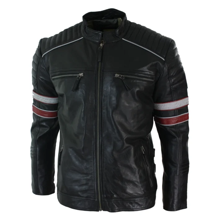 Mens Black Racing Biker Jacket Red White Stripes Real Leather Casual Fit - Image 2