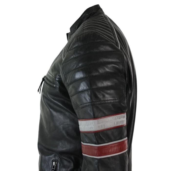 Mens Black Racing Biker Jacket Red White Stripes Real Leather Casual Fit - Image 4