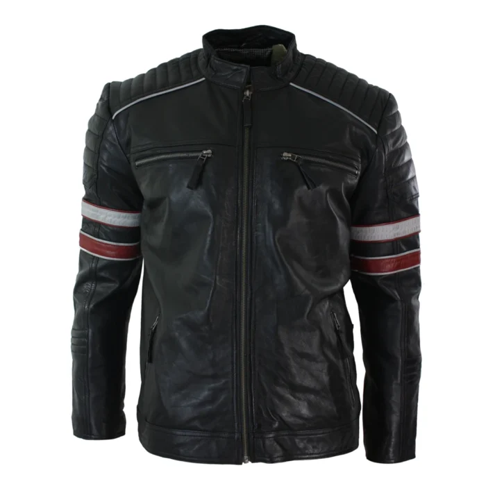 Mens Black Racing Biker Jacket Red White Stripes Real Leather Casual Fit - Image 1