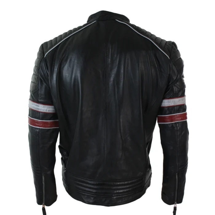 Mens Black Racing Biker Jacket Red White Stripes Real Leather Casual Fit - Image 5