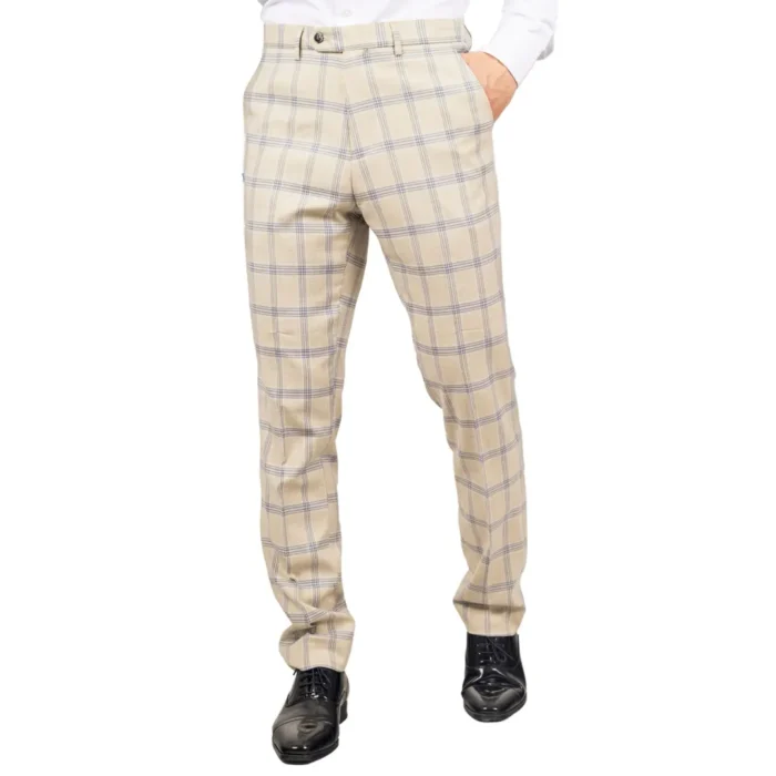 Men's Trousers Beige Checked Casual Formal Pants - Image 1