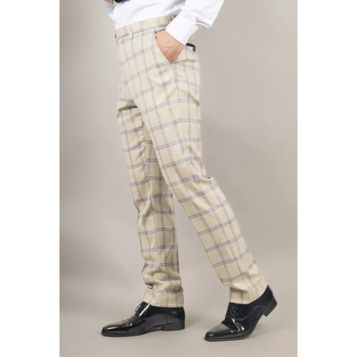 Men's Trousers Beige Checked Casual Formal Pants - Image 2