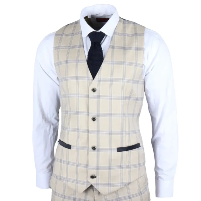 Men's Waistcoat Beige Checked Tailored Fit Vest - Image 1
