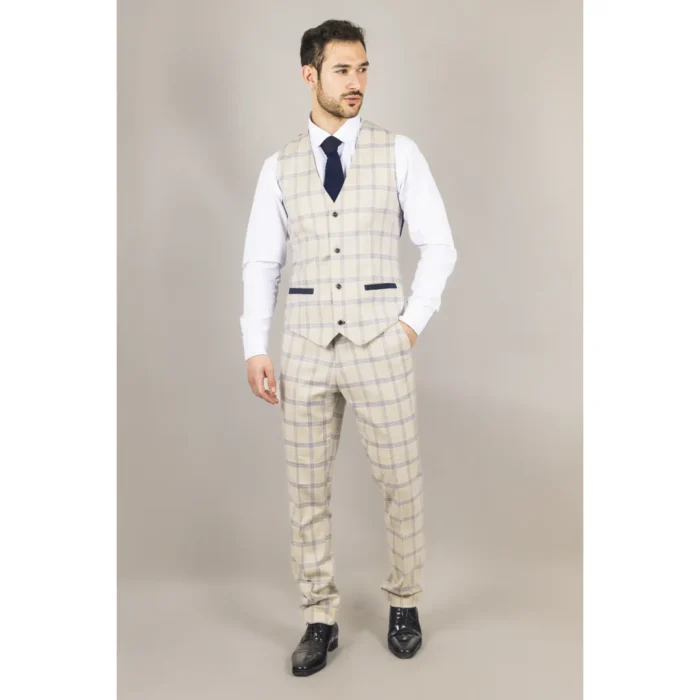 Men's Waistcoat Beige Checked Tailored Fit Vest - Image 2