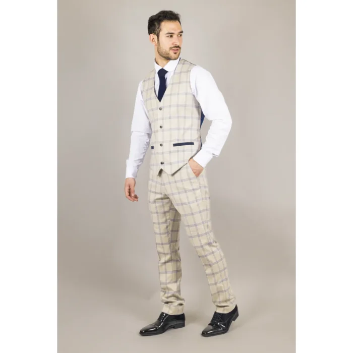Men's Waistcoat Beige Checked Tailored Fit Vest - Image 4