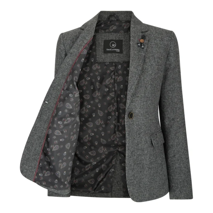 Women Grey Blazer Tweed Herringbone 1920's Peaky Waistcoat Tailored Fit Vintage - Image 2