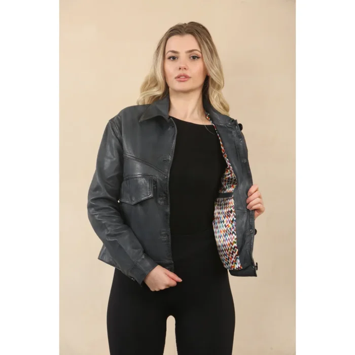 Women's Retro Classic Collar Biker Leather Jacket - Image 2