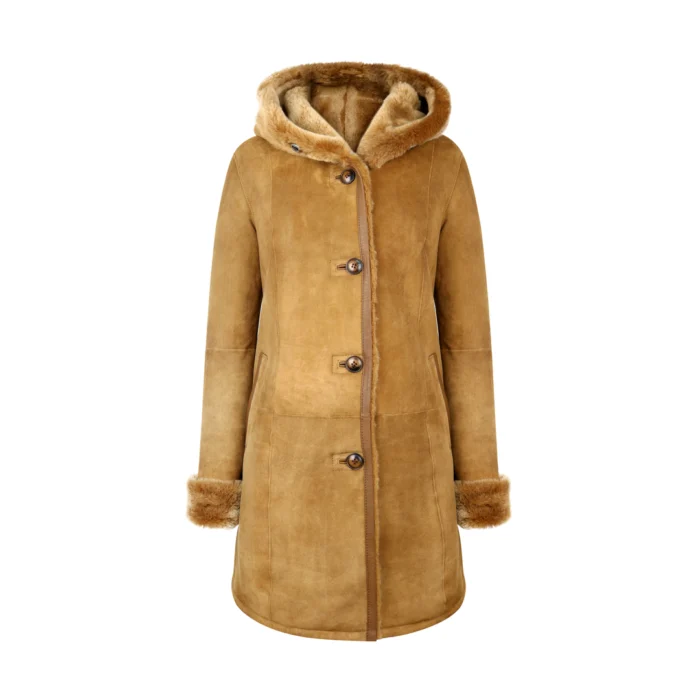 Womens Real Sheepskin Jacket 3/4 Long Hood Merino Fur Button Camel Tan - Image 1