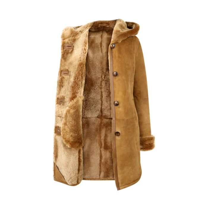 Womens Real Sheepskin Jacket 3/4 Long Hood Merino Fur Button Camel Tan - Image 3