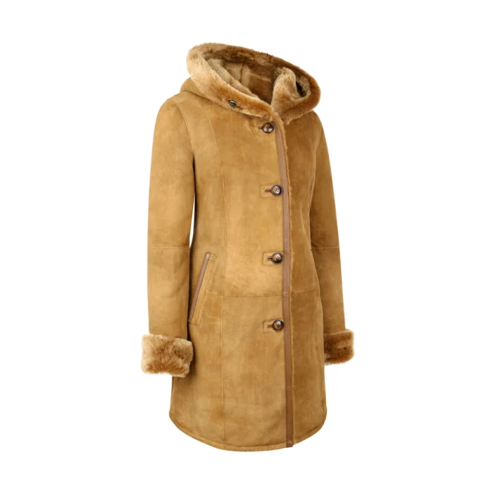 Womens Real Sheepskin Jacket 3/4 Long Hood Merino Fur Button Camel Tan - Image 2