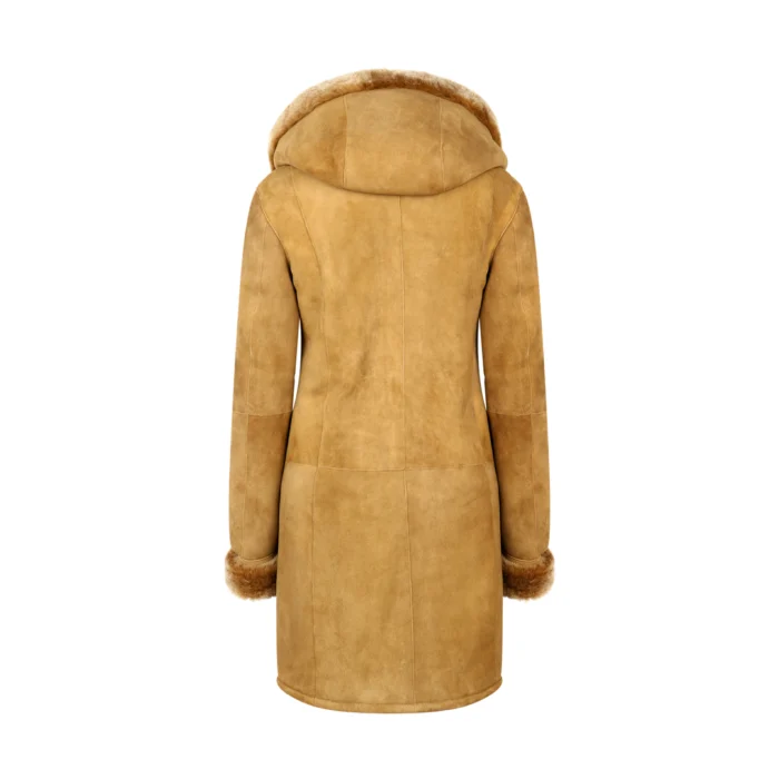 Womens Real Sheepskin Jacket 3/4 Long Hood Merino Fur Button Camel Tan - Image 4