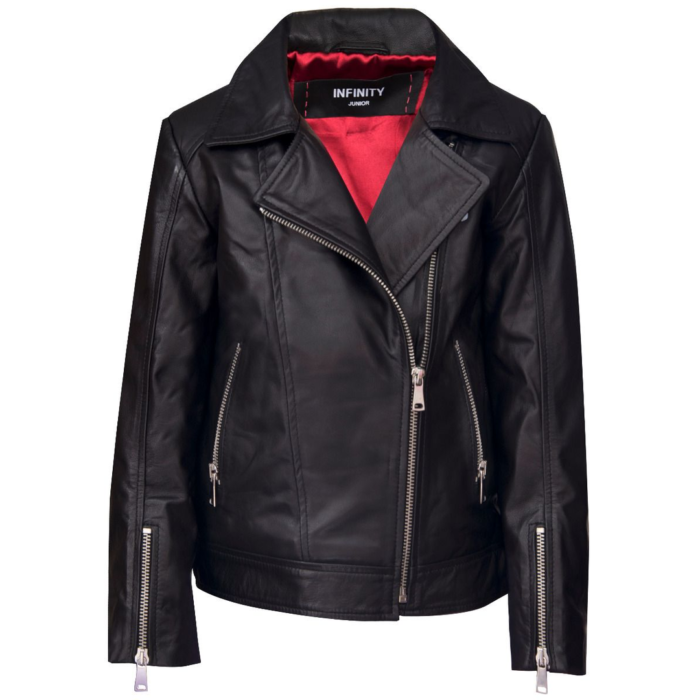 Girls Kids Real leather Biker Style Jacket Cross Zip Black Pink Age - Image 1