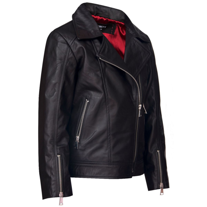 Girls Kids Real leather Biker Style Jacket Cross Zip Black Pink Age - Image 2