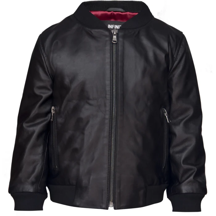 Boys Girls Kids Unisex Real leather Bomber Style Jacket Varsity Zip Black Blue - Image 1