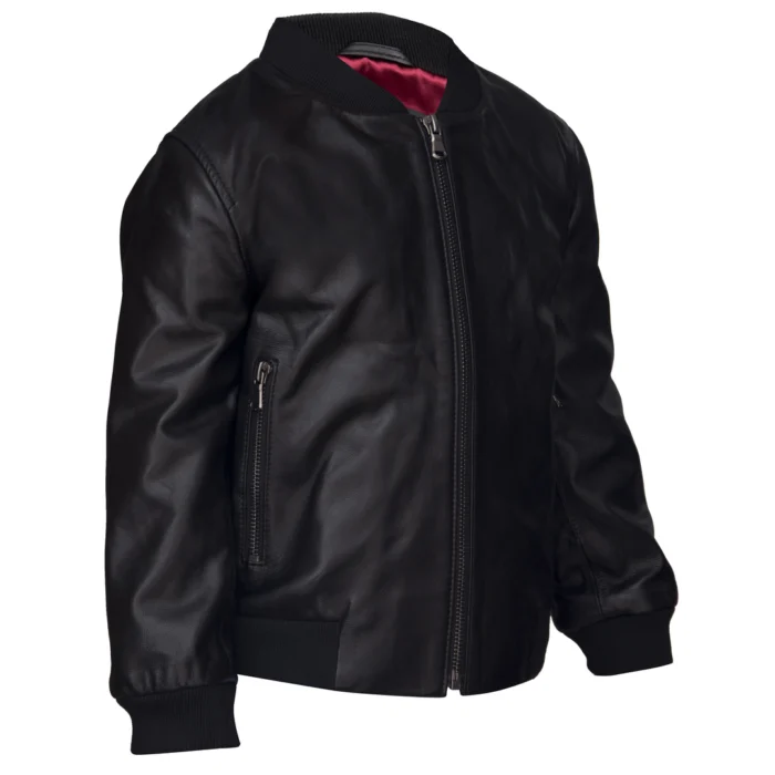 Boys Girls Kids Unisex Real leather Bomber Style Jacket Varsity Zip Black Blue - Image 2