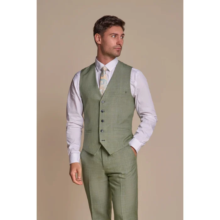 Men's Waistcoat Sage Green Checked Tailored Fit Vest - Image 1