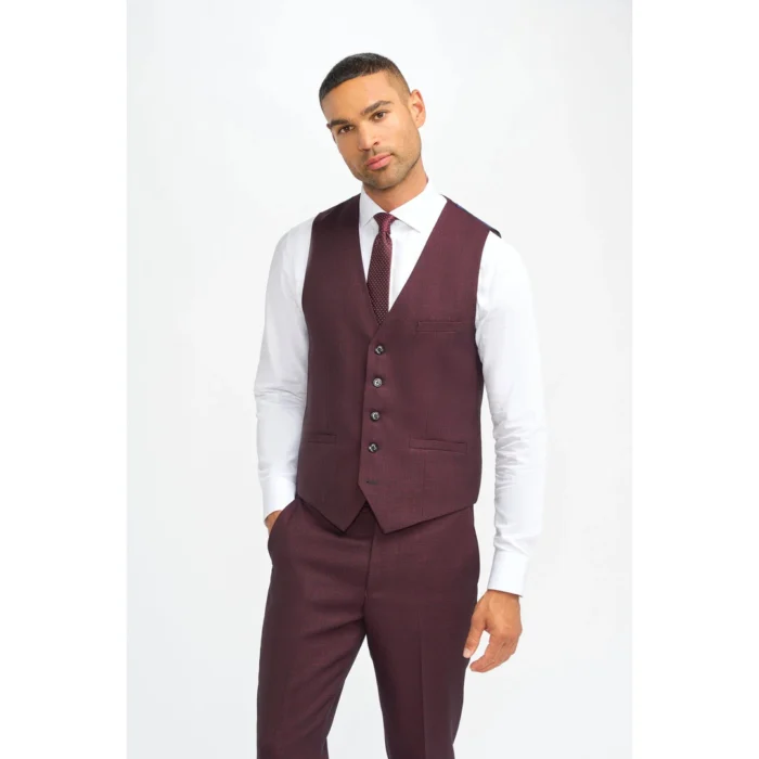 Men's Waistcoat Burgundy Checked Tailored Fit Vest - Image 1