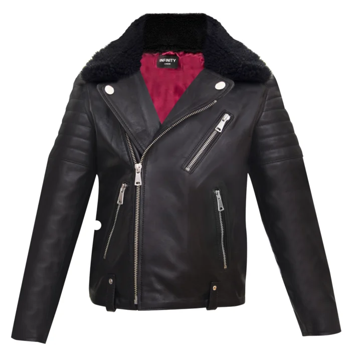 Boys Kids Real leather Biker Style Jacket Brando Cross Zip Black Fur Collar - Image 1