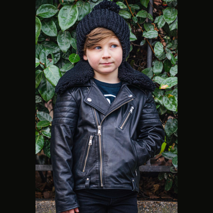 Boys Kids Real leather Biker Style Jacket Brando Cross Zip Black Fur Collar - Image 2