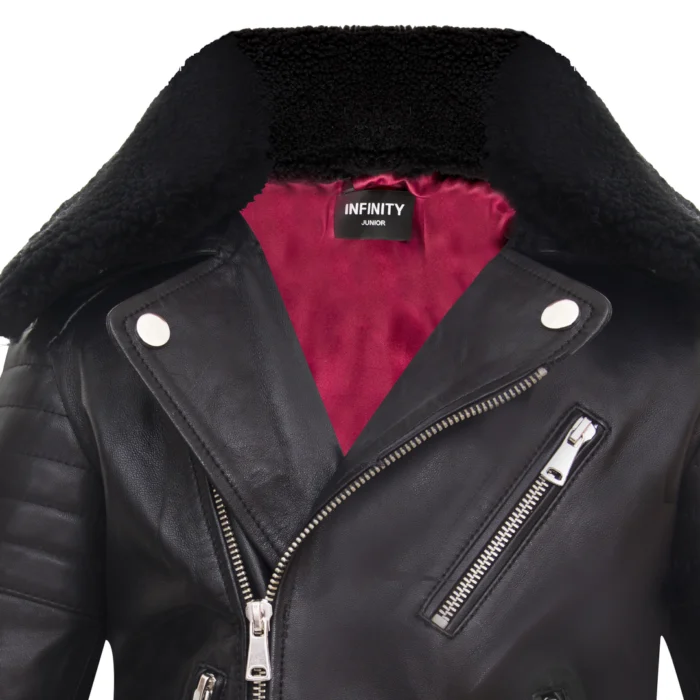 Boys Kids Real leather Biker Style Jacket Brando Cross Zip Black Fur Collar - Image 5