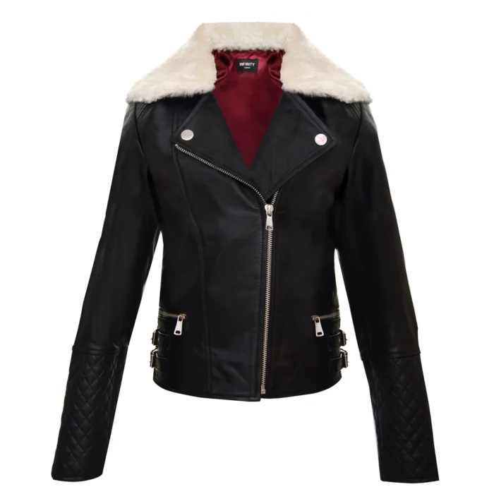 Girls Kids Real leather Biker Style Jacket Cross Zip Black Fur Collar Age 1 - 13 - Image 6