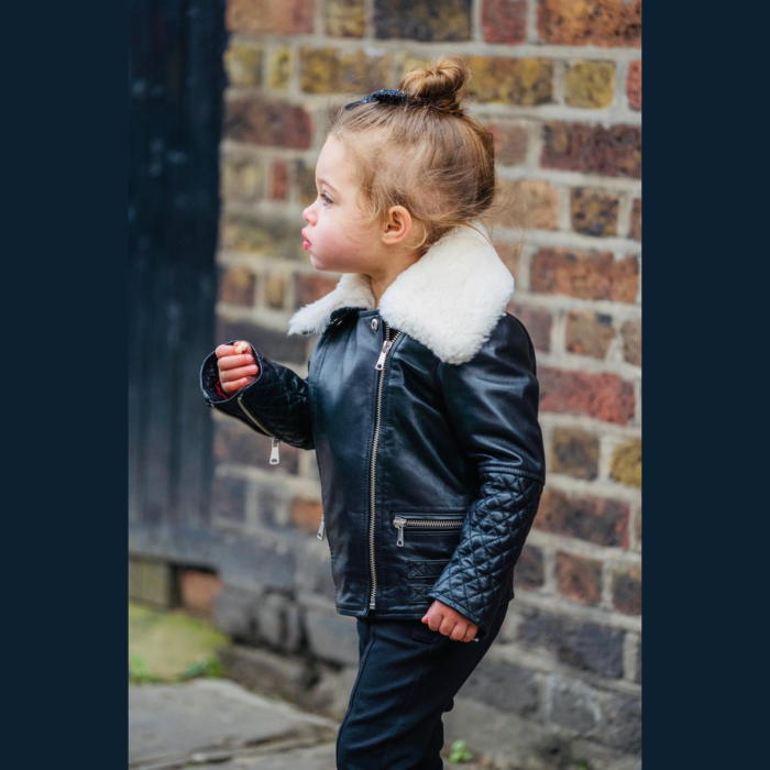 Girls Kids Real leather Biker Style Jacket Cross Zip Black Fur Collar Age 1 - 13 - Image 10
