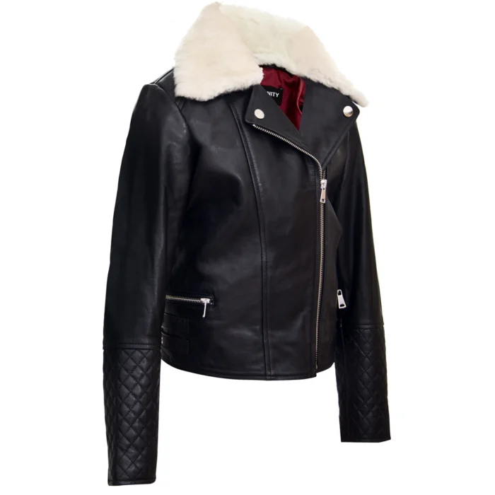 Girls Kids Real leather Biker Style Jacket Cross Zip Black Fur Collar Age 1 - 13 - Image 9